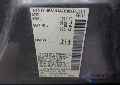 2017 Nissan Altima 2.5 S z USA, uszkodzony, nr VIN 1N4AL3AP8HN364874